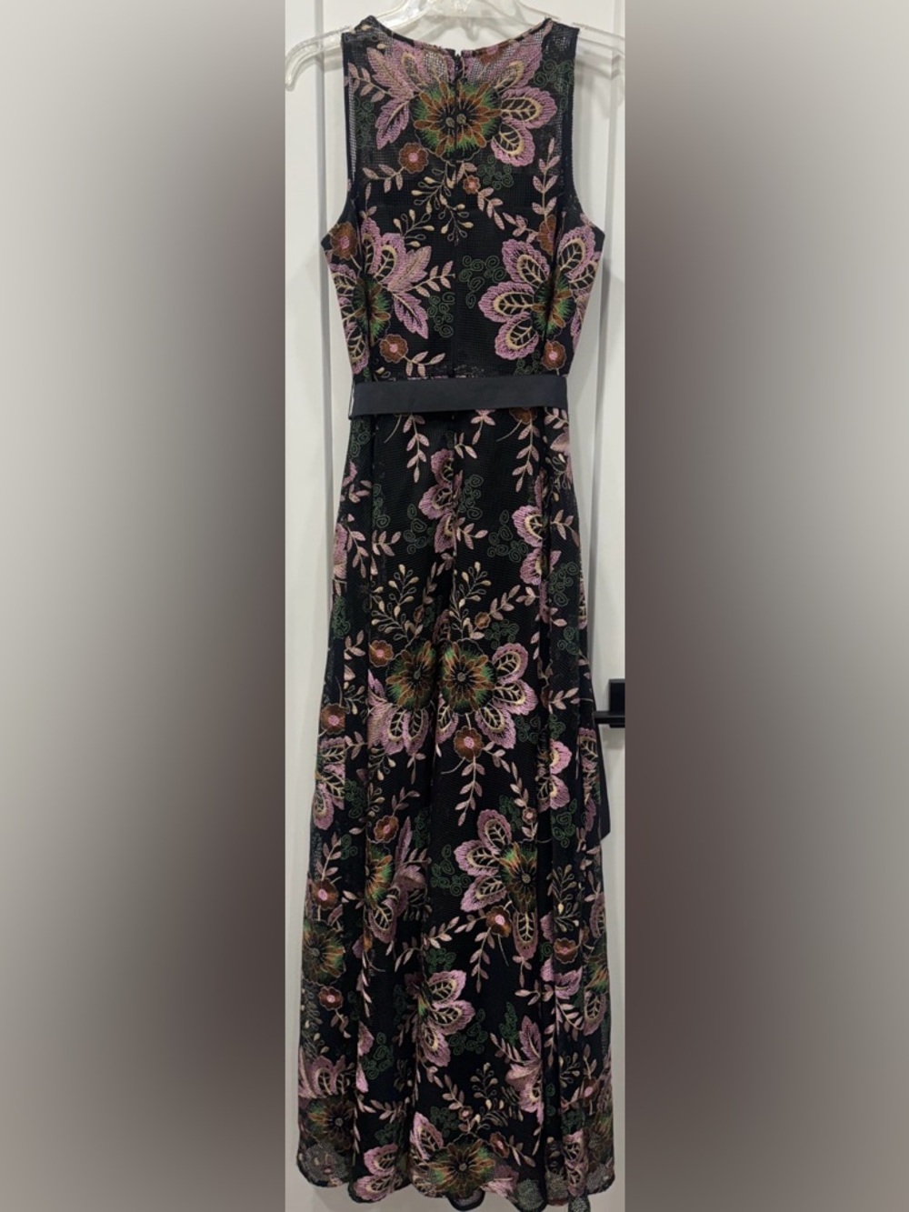 Tahari Black Maxi Dress with Pink and Green Floral Embroidery